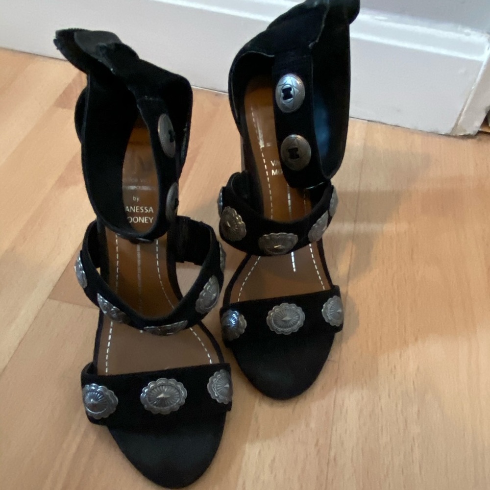 DV by Dolce Vita Black Suede High Heel Sandals with Silver Conchos